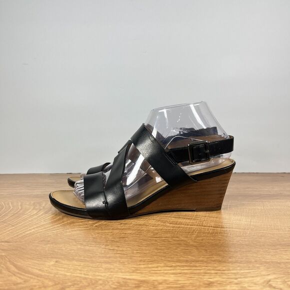 Franco Sarto Desi Leather Buckle Black Wedge Casual Sandals Women's Size US 8 - Picture 2 of 9